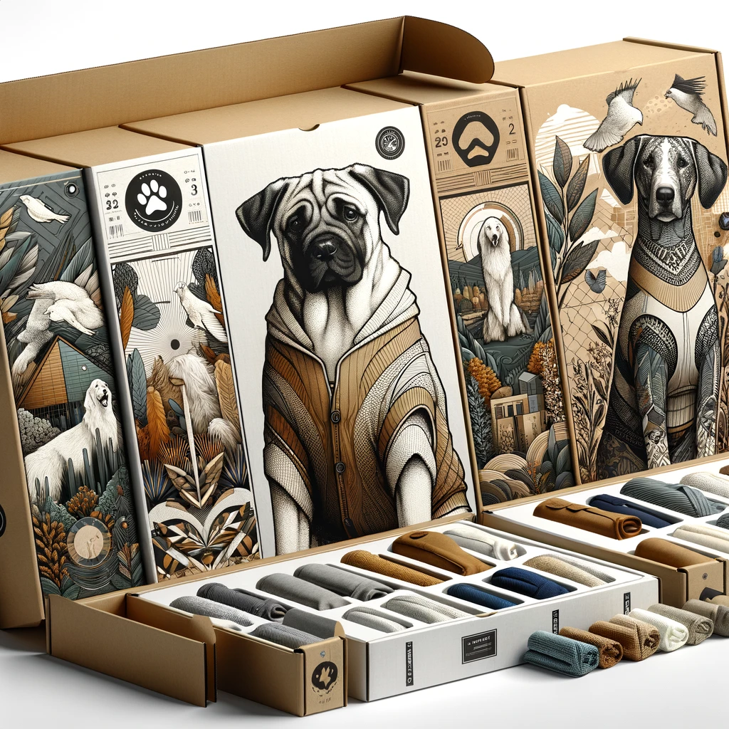 DALL·E 2024-03-28 21.01.08 - Design a set of artistic and innovative packaging box ideas specifically tailored for a clothing business targeting urban dog enthusiasts. The boxes s