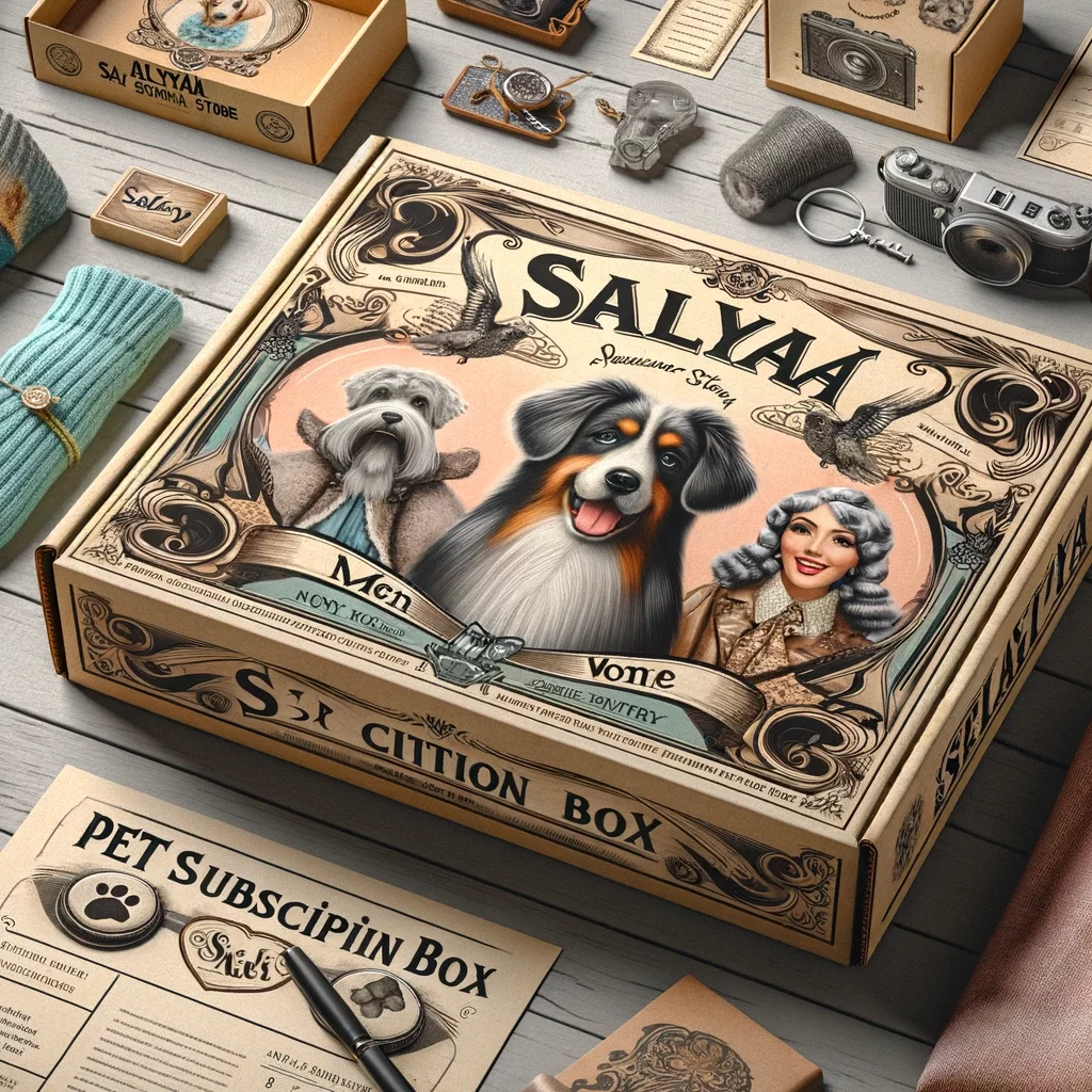 DALL·E 2024-03-29 05.46.32 - Create a pet subscription box design with a retro, vintage style that reflects the provided Salya Store branding. The design should evoke nostalgia wi